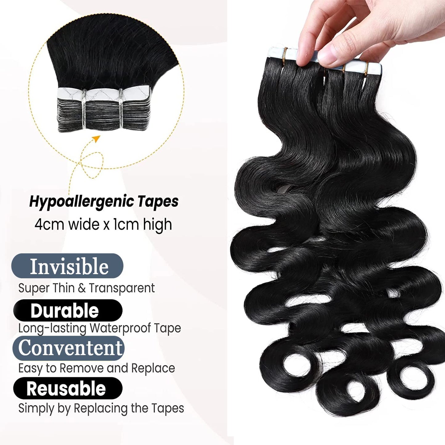Premium Tape-in Human Hair Natural Color Body Wave – 20Pcs/Pack, Virgin Raw Hair, No Tangle, Seamless Blend
