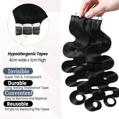 Premium Tape-in Human Hair Natural Color Body Wave – 20Pcs/Pack, Virgin Raw Hair, No Tangle, Seamless Blend