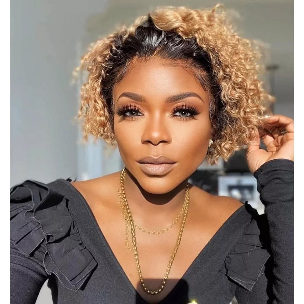 1B/30 Short Curly Bob Wig – 13x1 Lace Front 100% Human Hair