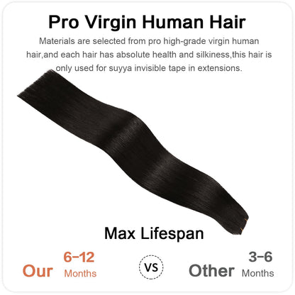 Invisible Tape-in Human Hair Extensions Natural Color Straight – 20Pcs/Pack, Virgin Raw Hair, 2.5g/Piece, Seamless Blend