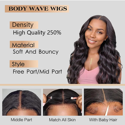 5x5 HD Lace Closure Wig Body Wave Human Hair Jet Black Swiss Lace, Skin-melt Lace, Invisible Lace