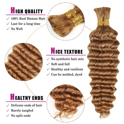 Color #27 Human Braiding Hair Deep Wave Bulk 100% HumanMink Hair 100g/Bundle 20inch 22inch