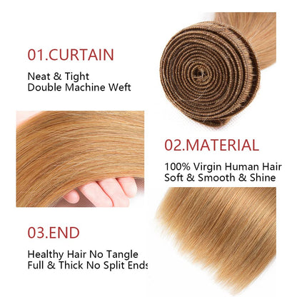 Honey Blonde Weft #27 Straight 100% Human Hair Unprocessed virgin remy hair Bundles | Single Donor Cuticle Intact