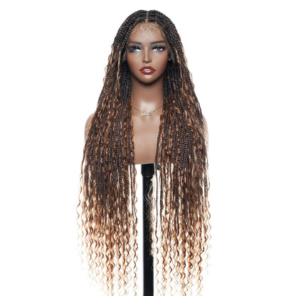 Human Hair Boho Box Braided Wigs 36" Real Swiss HD Full Lace Lightweight High Density Knotless Tangle-free Boho Box Braided Wig - Extra Full 100 Strands Ombre Brown Wig