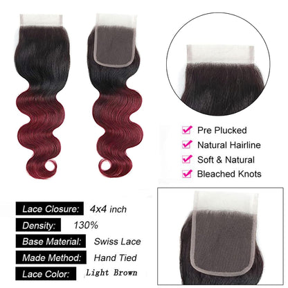 4X4 Lace Closure Body Wave Ombre (1B/99J) 100% Human Hair Closure – Transparent Lace, Burgundy Ombre