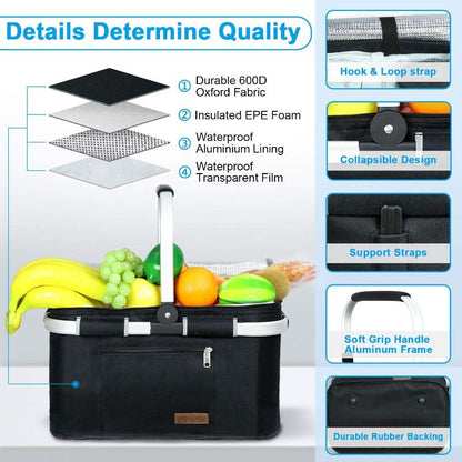 LIQING 35L Large Picnic Basket Shopping Travel Camping Grocery Bags 2 Layers of Internal Pockets Leak-Proof and Insulated Folding, Internal Support Does Not Collapse