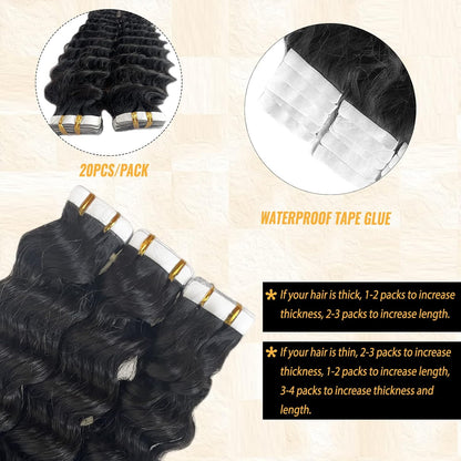 Premium Tape-in Human Hair Natural Color Deep Wave – 20Pcs/Pack, Virgin Raw Hair, No Tangle, Seamless Blend