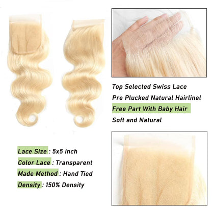 5X5 HD Lace Closure 613 Blonde Human Hair Body Wave Swiss Lace, Skin-melt Lace, Invisible Lace – Virgin Remy Hair