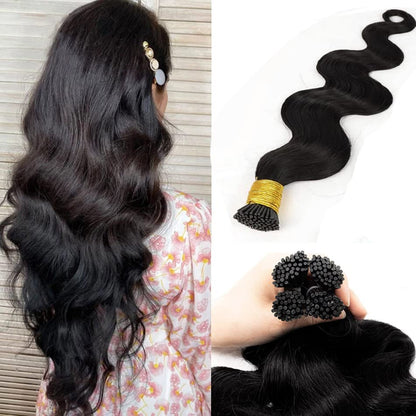 I-tip Premium Hair Extensions Natural Black Body Wave – 100% Human Hair, Pre-Bonded, 18"-24"
