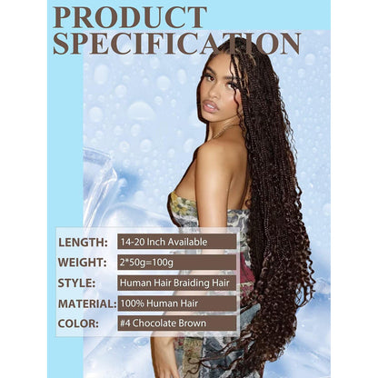 Color #2 Human Braiding Hair Deep Wave Bulk 100% Human Mink Hair 100g/Bundle 20inch , 22inch