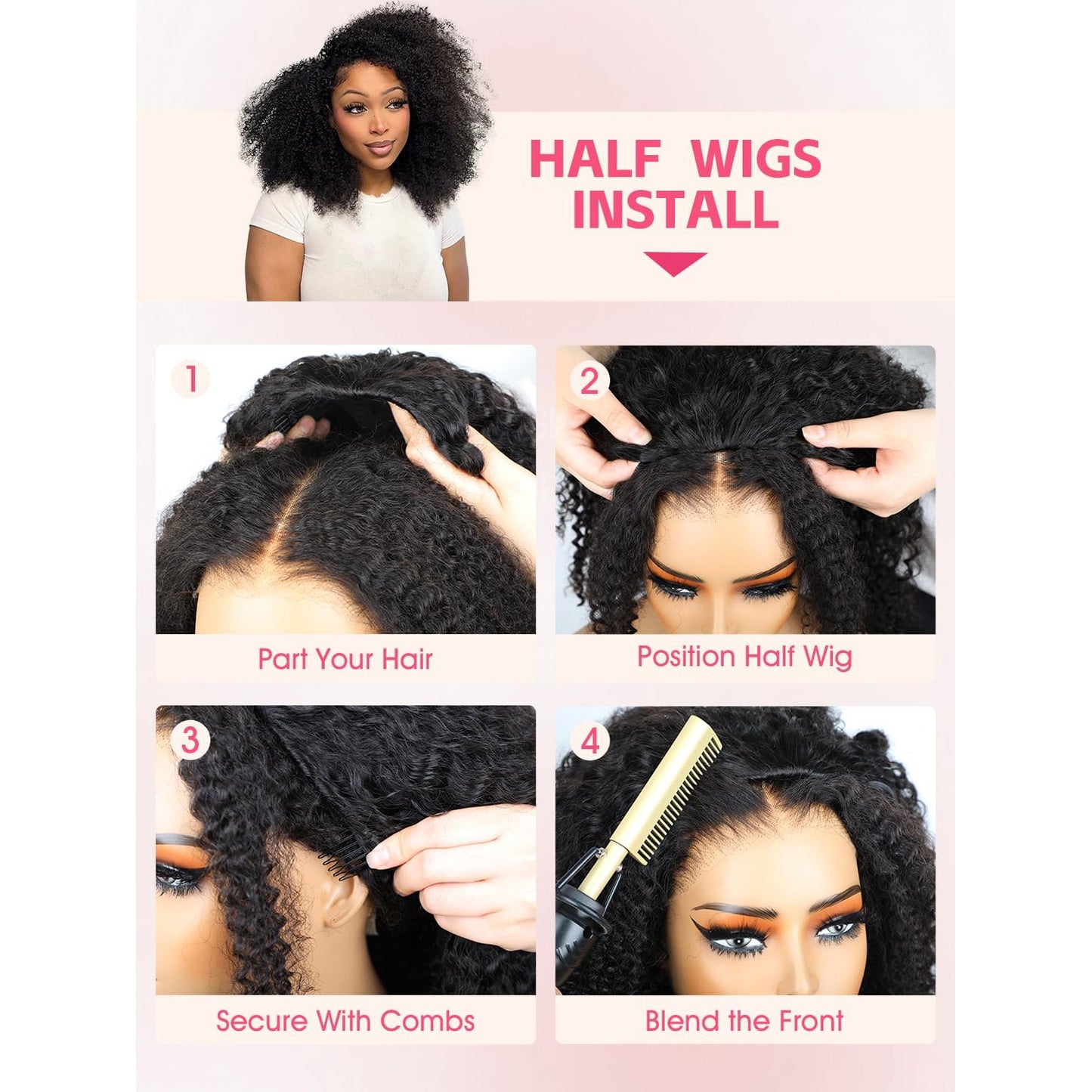 Half Wig Kinky Curl Human Hair Seamless Flip Glueless Wear and Go