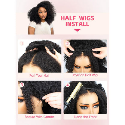 Half Wig Kinky Curl Human Hair Seamless Flip Glueless Wear and Go