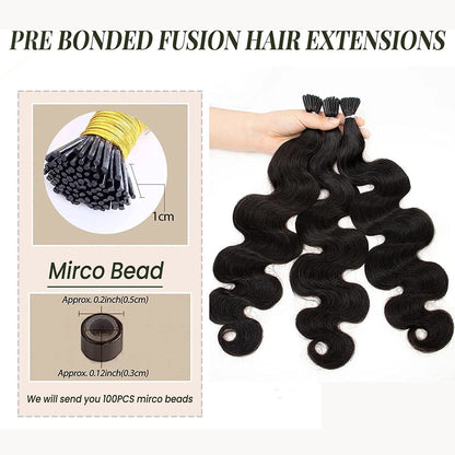 I-tip Premium Hair Extensions Natural Black Body Wave – 100% Human Hair, Pre-Bonded, 18"-24"
