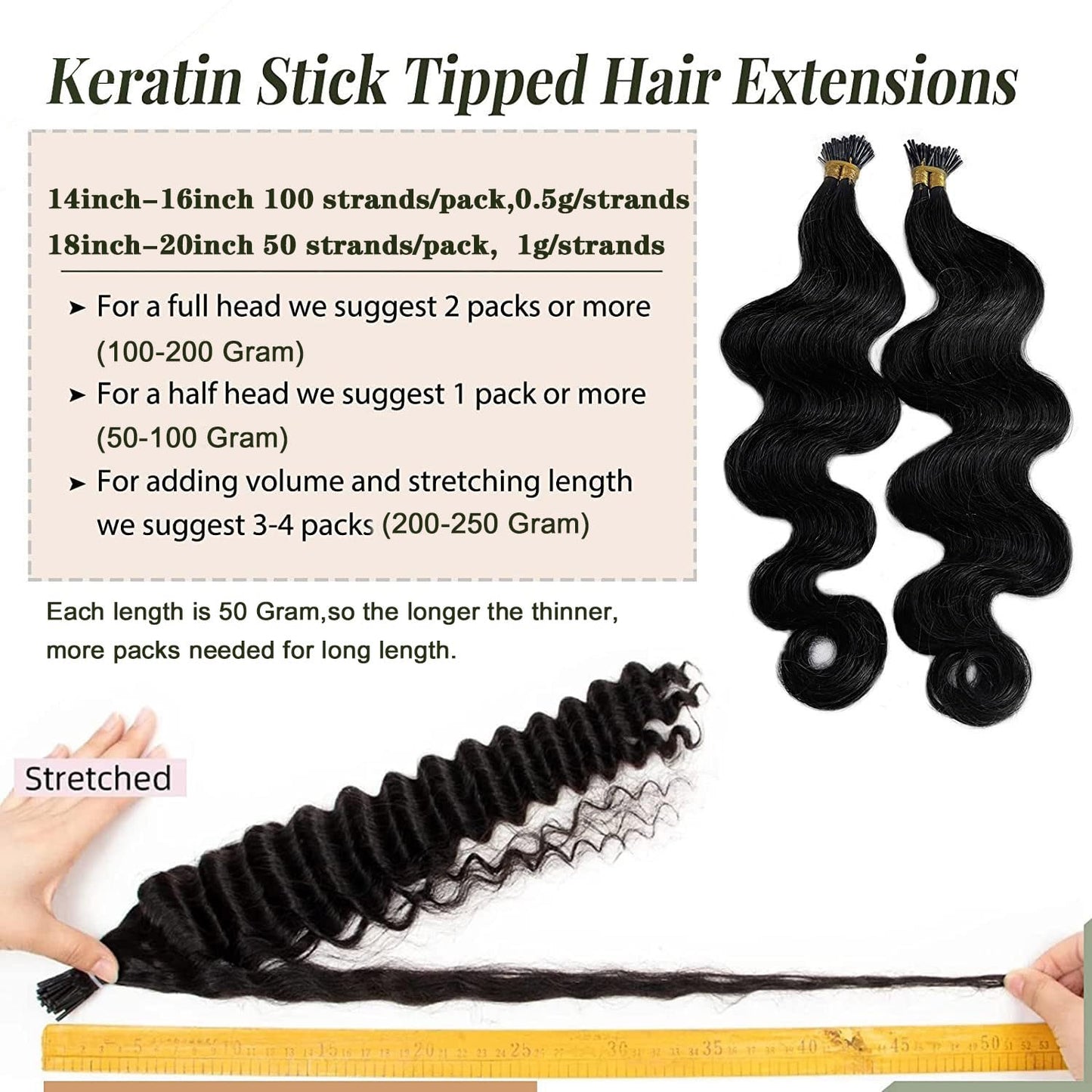 I-tip Premium Hair Extensions Natural Black Body Wave – 100% Human Hair, Pre-Bonded, 18"-24"