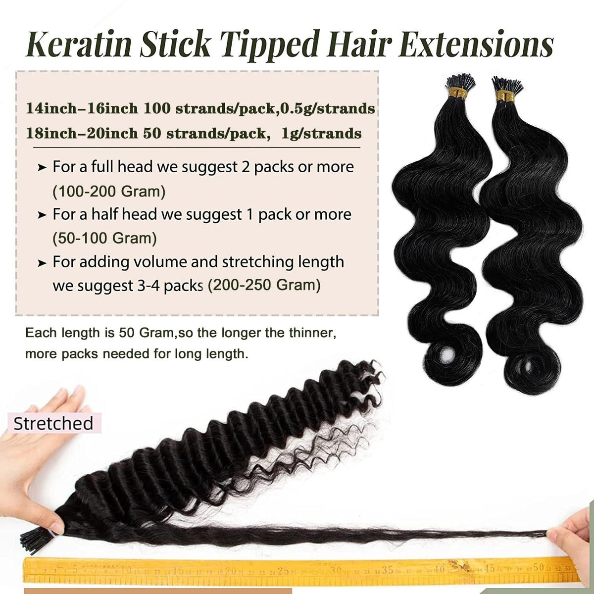I-tip Premium Hair Extensions Natural Black Body Wave – 100% Human Hair, Pre-Bonded, 18"-24"