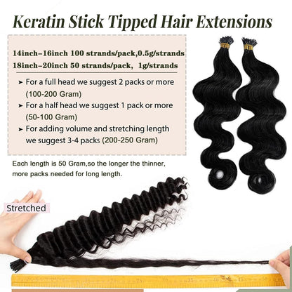 I-tip Premium Hair Extensions Natural Black Body Wave – 100% Human Hair, Pre-Bonded, 18"-24"