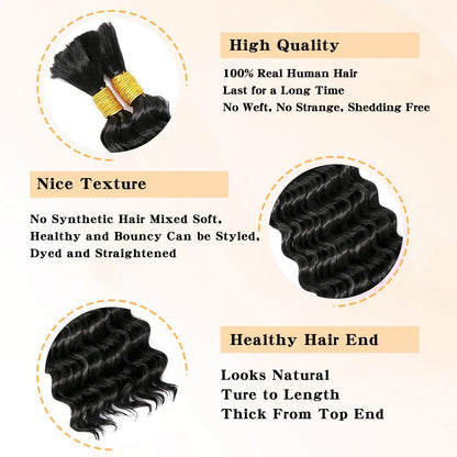 100% Human Hair Boho Braiding Hair - Deep Wave Natural Black 100g/Bundle