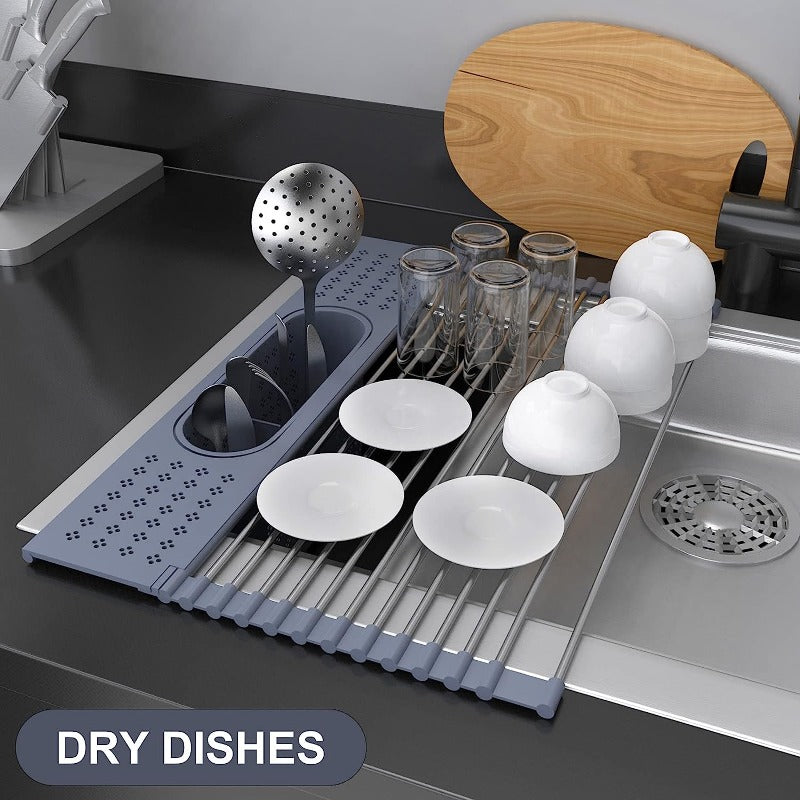 Roll Up Dish Drying Rack 17.5"(L) x 11"(W) - SUS304 Multi-Purpose Rack Rollable Stainless Steel Dish Drainer with Utensil Holder for Kitchen Sink