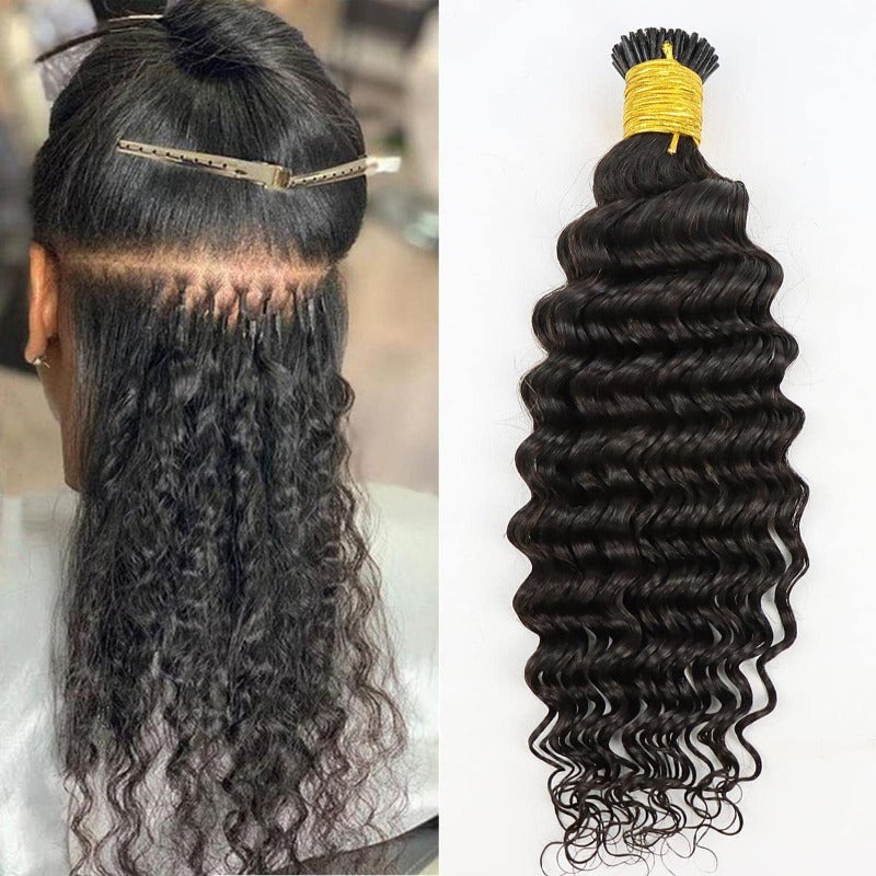 I-tip Premium Hair Extensions Natural Black Deep Wave – 100% Human Hair, Pre-Bonded, 18"-24"