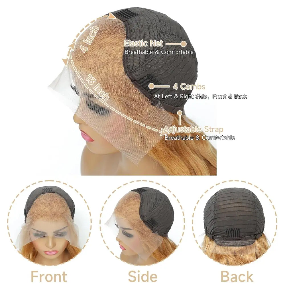 Transparent Lace 13X4 Frontal Wig Color Honey Blonde (#27) Body Wave  200 Density 100 Remy Human Hair Honey Blonde