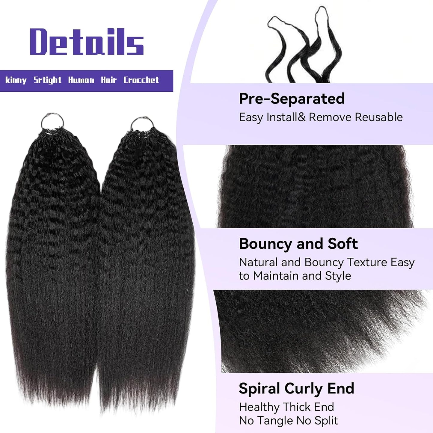 Kinky Straight Crochet 100% Human Hair - Boho Braiding Hair For Miracle Knots (50g/Pack)