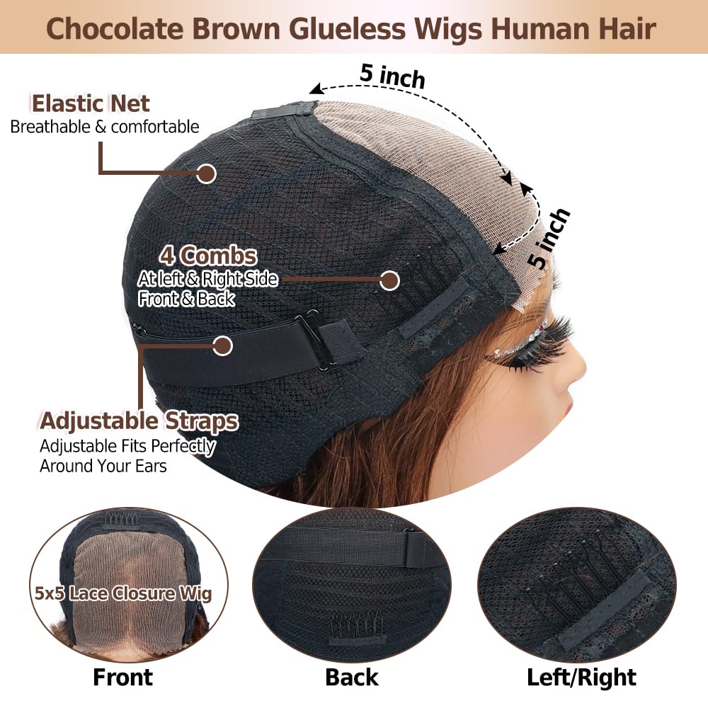 #4 Body Wave 5x5 Lace Closure Glueless Wig  Color medium brown 100% Human Hair Wear and Go Chocolate Brown wig