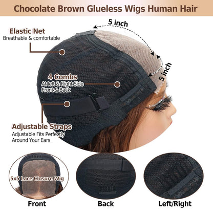 #4 Body Wave 5x5 Lace Closure Glueless Wig  Color medium brown 100% Human Hair Wear and Go Chocolate Brown wig