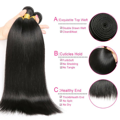 3 Bundles with 5x5 HD Lace Closure Straight 100% Virgin Human Hair