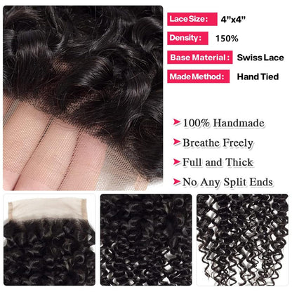 4x4 Lace Transparent Lace Closure Jerry Curl Virgin Natural Human Hair | Natural Color, Free Part