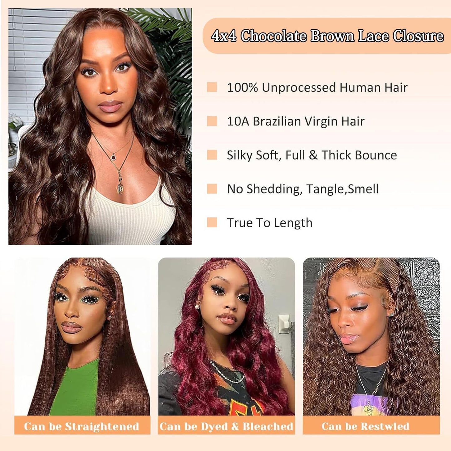 4X4 Lace Closure Body Wave Medium Brown (#4) Color 100% Human Hair Closure – Transparent Lace, Natural Look