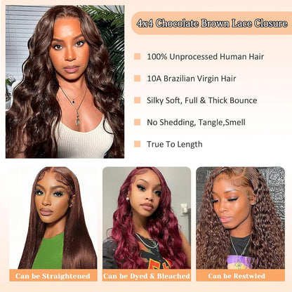 4X4 Lace Closure Body Wave Medium Brown (#4) Color 100% Human Hair Closure – Transparent Lace, Natural Look
