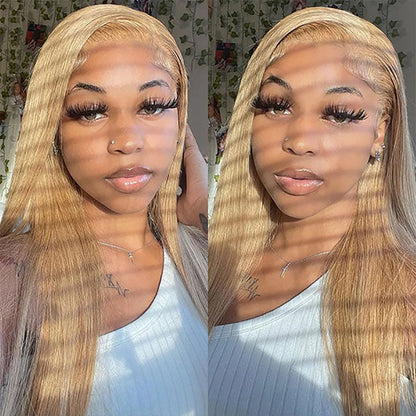 Transparent Lace 13X4 Frontal Wig Color Honey Blonde (#27) Straight 200 density 100 remy Human Hair Wig