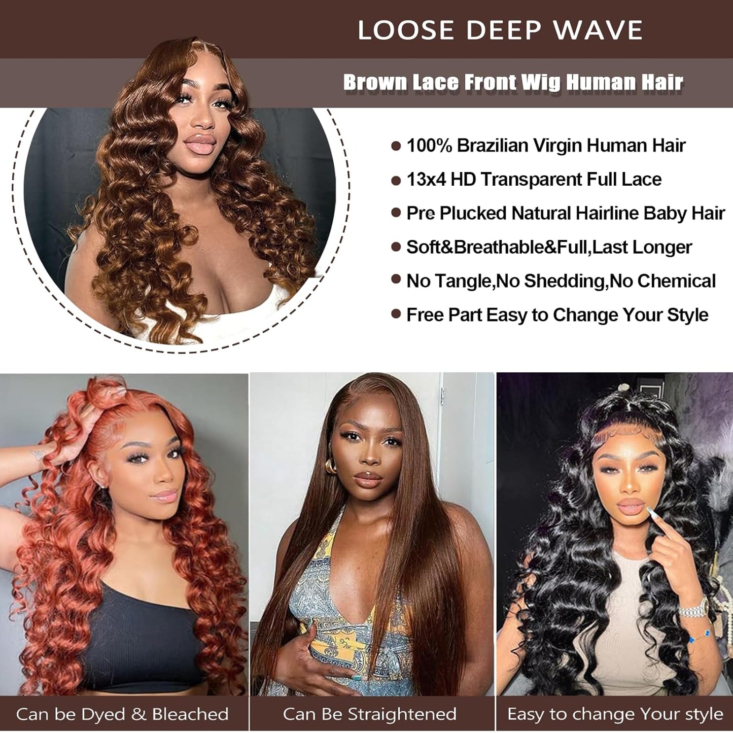 Chocolate Brown Loose Wave Wig – 13x4 Transparent Lace Front #4 100% Virgin Human Hair