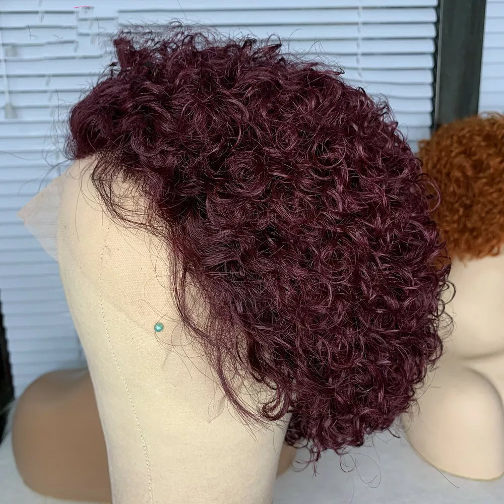Burgundy Red Short Curly Bob Wig – 13x1 Lace Front 100% Human Hair