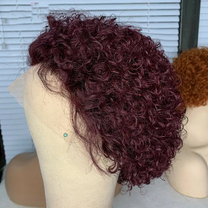 Burgundy Red Short Curly Bob Wig – 13x1 Lace Front 100% Human Hair
