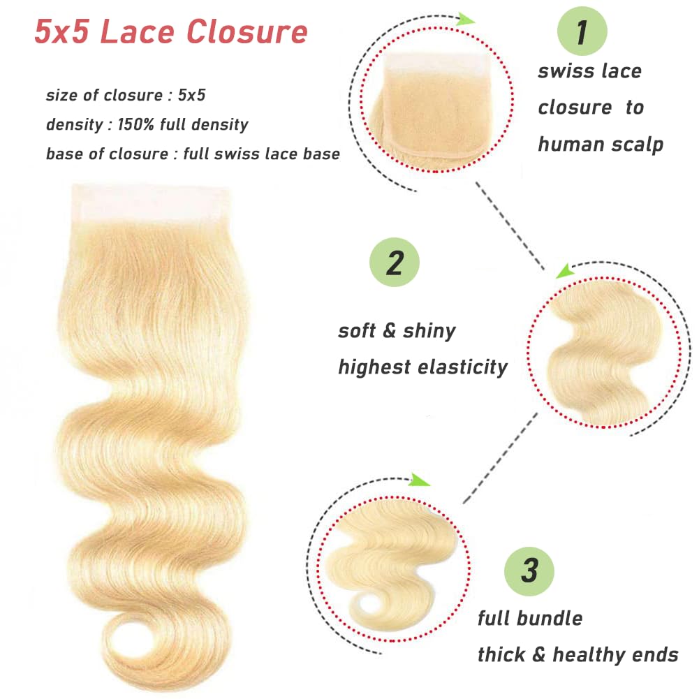 5X5 HD Lace Closure 613 Blonde Human Hair Body Wave Swiss Lace, Skin-melt Lace, Invisible Lace – Virgin Remy Hair
