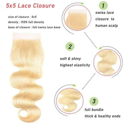 5X5 HD Lace Closure 613 Blonde Human Hair Body Wave Swiss Lace, Skin-melt Lace, Invisible Lace – Virgin Remy Hair