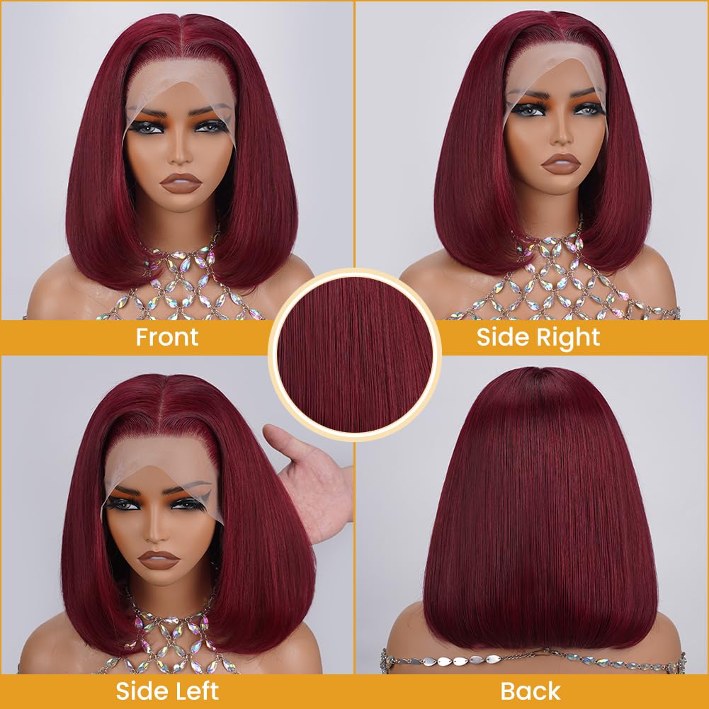 99J Burgundy Straight Short Bob Wig – 13x4 & 13x6 Transparent Lace Front Human Hair