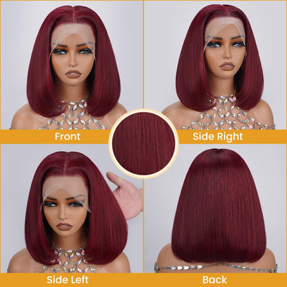 99J Burgundy Straight Short Bob Wig – 13x4 & 13x6 Transparent Lace Front Human Hair