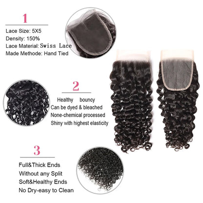 Burmese Curly Human Hair Bundles #1B Natural Black – 100% Unprocessed Virgin Hair，5x5 Transparent Lace Closure (optional)