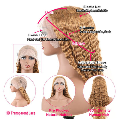 Transparent Lace 13X4 Frontal Wig Color Honey Blonde (#27) Deep Wave 200 Density 100 remy Human Hair