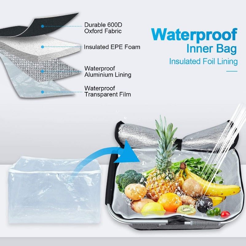 LIQING 35L Large Picnic Basket Shopping Travel Camping Grocery Bags 2 Layers of Internal Pockets Leak-Proof and Insulated Folding, Internal Support Does Not Collapse