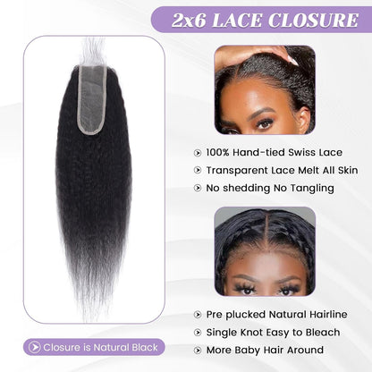 2x6 HD Lace Closure Kinky Straight – Brazilian Natural Color Virgin Human Hair | Pre-Plucked, Skin-Melt HD Lace