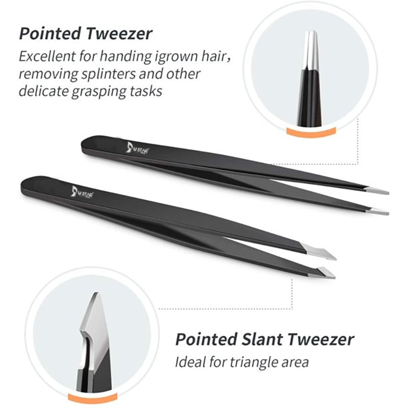 USTAR Eyebrow Tweezers Set 6 Piece Professional Stainless Steel Precision Tweezer for Eyebrows Plucking Ingrown Hair Removal, with Razor and Scissors, Daily Beauty Tool for Women and Men