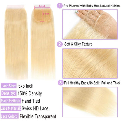 5X5 HD Lace Closure 613 Blonde Human Hair Straight Swiss Lace, Skin-melt Lace, Invisible Lace – Virgin Remy Hair