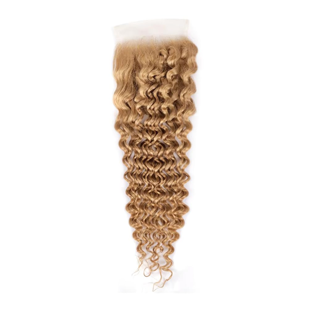 4X4 Lace Closure Deep Wave Honey Blonde (#27) Color 100% Human Hair Closure – Transparent Lace, Warm Tone