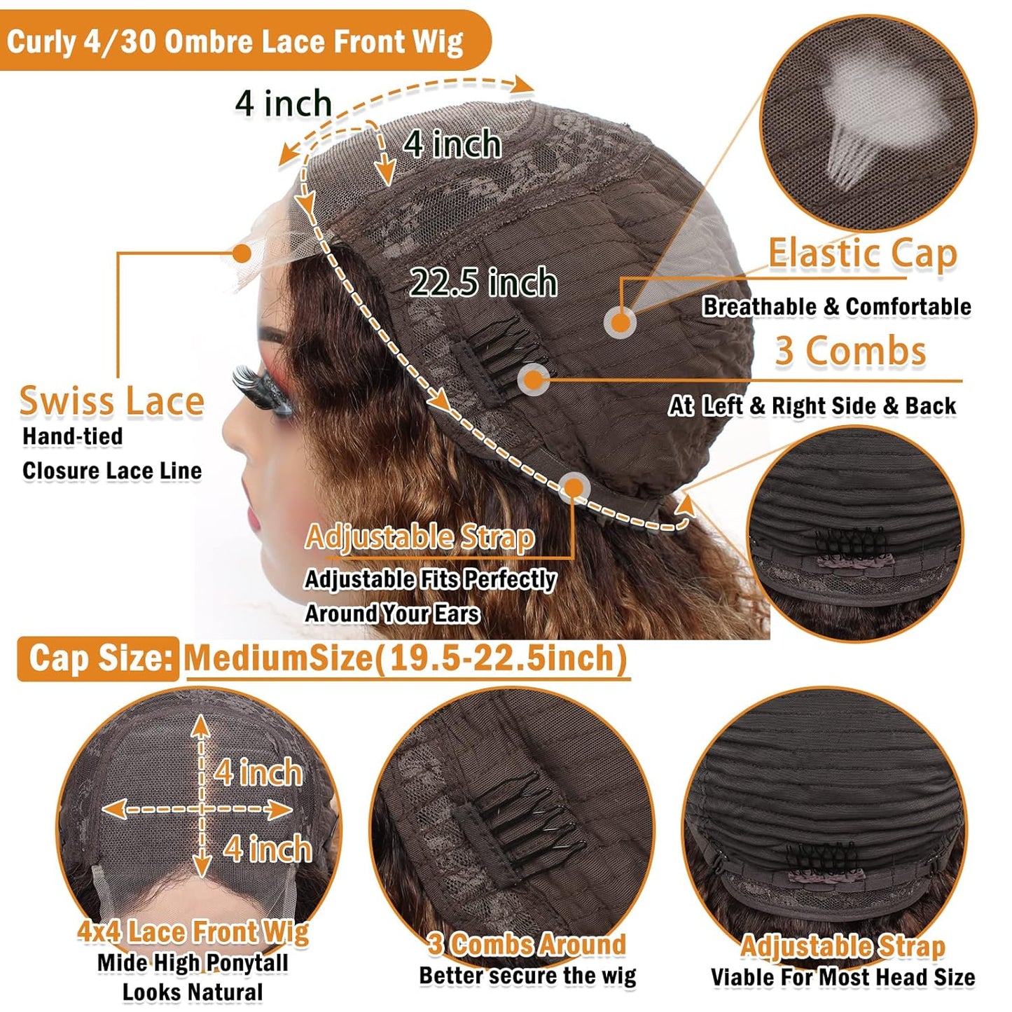 4/30 Jerry Curl 4x4 Lace Closure Wig OMBRE Color  100% Human Hair WIG Virgin Remy Hair