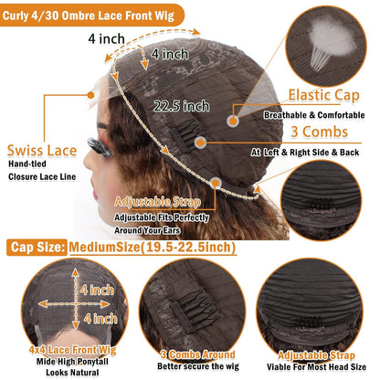 4/30 Jerry Curl 4x4 Lace Closure Wig OMBRE Color  100% Human Hair WIG Virgin Remy Hair