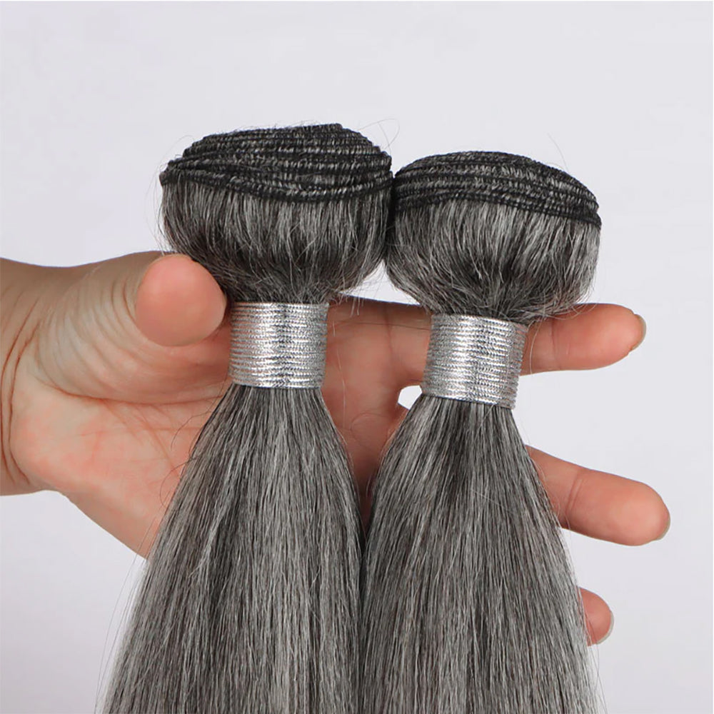 Salt Pepper Straight 100% Human Hair Blended Bundles Color #51 | Gray Hair Extensions Heat Safe 200°F Thick & Full
