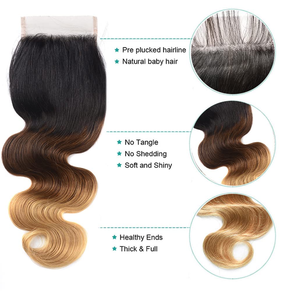 4X4 Lace Closure Body Wave Ombre (1B/427) 100% Human Hair Closure – Transparent Lace, Natural Roots